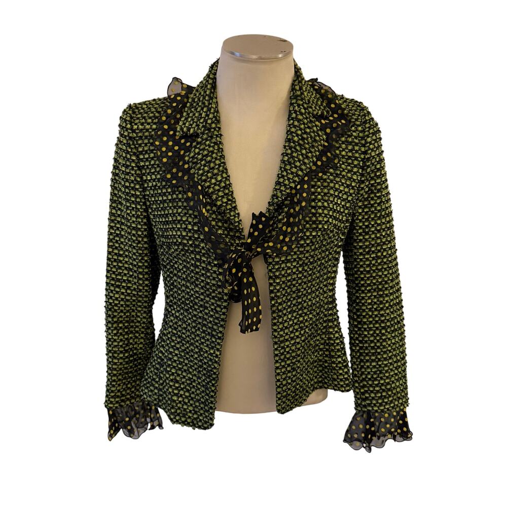 Escada Green Wool Tweed Silk Dot Ruffle Tie Blazer Jacket Wmns 34 Twee